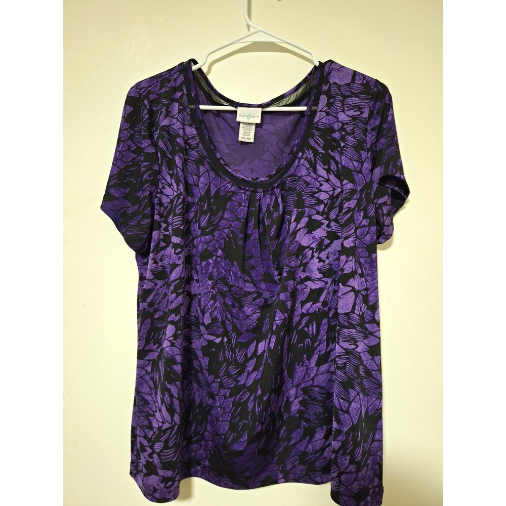 Jaclyn Smith Top Women XXL Purple Black Floral Short Sleeve Stretch Blouse